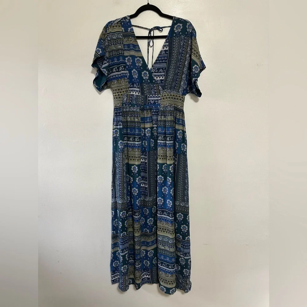 Garnet Hill Boho V Neck Maxi Dress Blue Size 8 - Picture 1 of 7